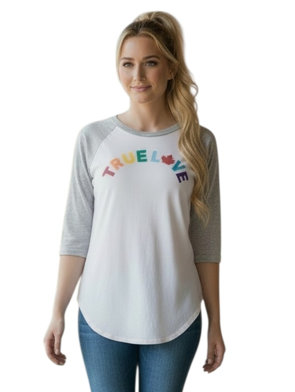 Pride Grey White Baseball T-shirt TRUE LOVE Maple Leaf Rainbow Colours Large